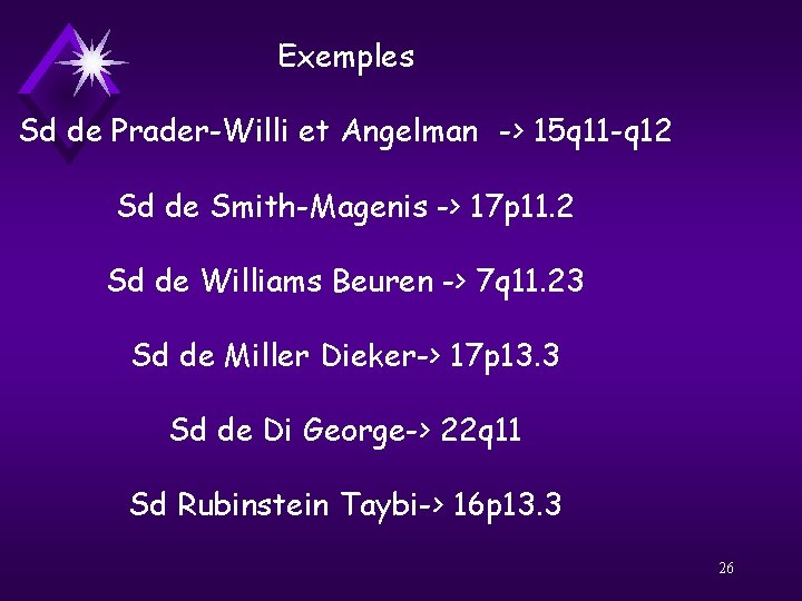 Exemples Sd de Prader-Willi et Angelman -> 15 q 11 -q 12 Sd de