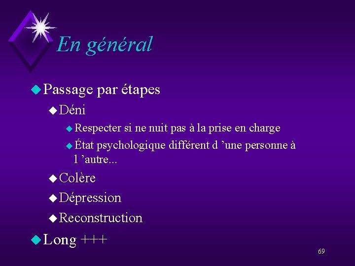 En général u Passage par étapes u Déni u Respecter si ne nuit pas