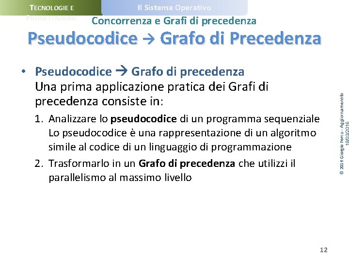 TECNOLOGIE E PROGETTAZIONE Il Sistema Operativo Concorrenza e Grafi di precedenza • Pseudocodice Grafo