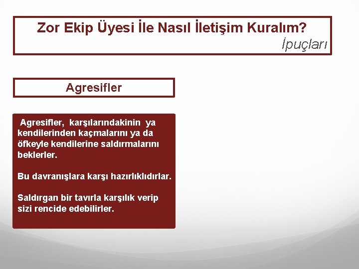 Zor Ekip Üyesi İle Nasıl İletişim Kuralım? İpuçları Agresifler, karşılarındakinin ya kendilerinden kaçmalarını ya