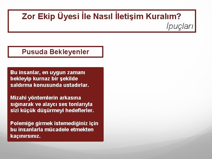 Zor Ekip Üyesi İle Nasıl İletişim Kuralım? İpuçları Pusuda Bekleyenler Bu insanlar, en uygun