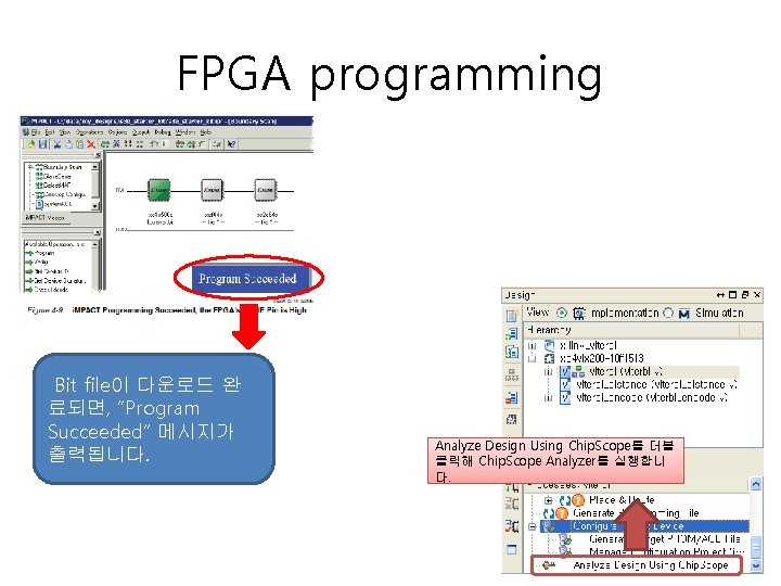 FPGA programming Bit file이 다운로드 완 료되면, “Program Succeeded” 메시지가 출력됩니다. Analyze Design Using