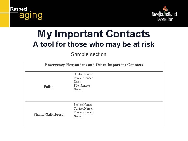 Respect aging My Important Contacts A tool for those who may be at risk