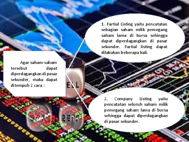 1. Partial Listing yaitu pencatatan sebagian saham milik pemegang saham lama di bursa sehingga