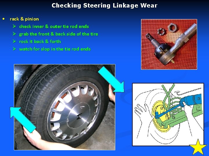 Checking Steering Linkage Wear • rack & pinion Ø check inner & outer tie