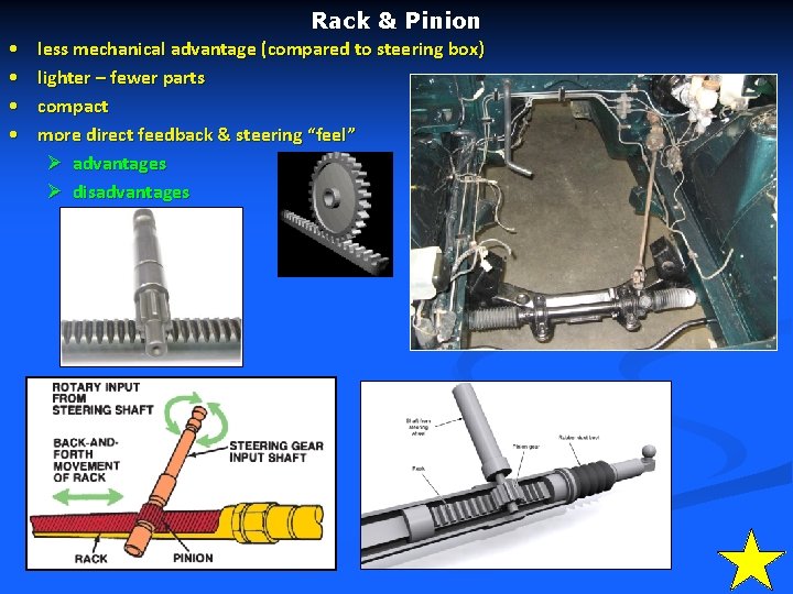 Rack & Pinion • • less mechanical advantage (compared to steering box) lighter –