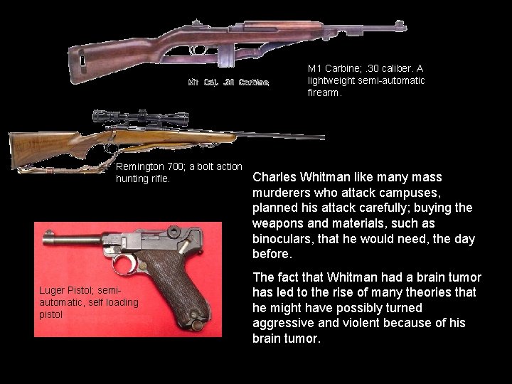 M 1 Carbine; . 30 caliber. A lightweight semi-automatic firearm. Remington 700; a bolt