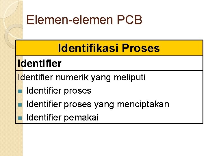 Elemen-elemen PCB Identifikasi Proses Identifier numerik yang meliputi n Identifier proses yang menciptakan n