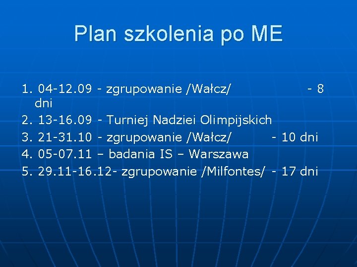 Plan szkolenia po ME 1. 04 -12. 09 - zgrupowanie /Wałcz/ -8 dni 2.