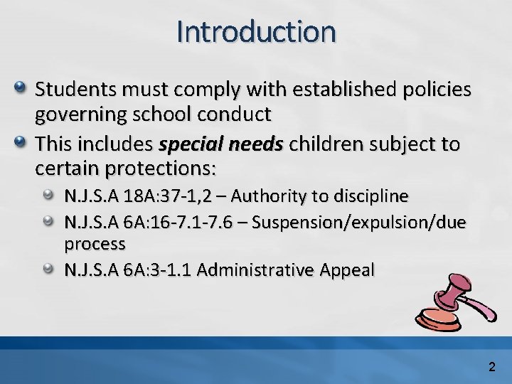 Introduction Students must comply with established policies governing school conduct This includes special needs