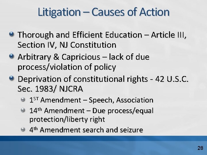 Litigation – Causes of Action Thorough and Efficient Education – Article III, Section IV,