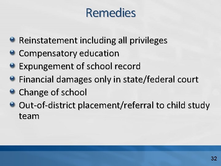 Remedies Reinstatement including all privileges Compensatory education Expungement of school record Financial damages only