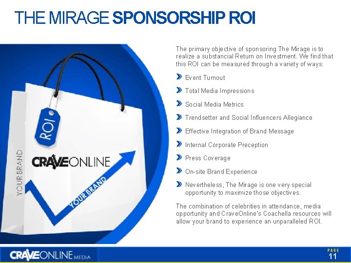 THE MIRAGE SPONSORSHIP ROI The primary objective of sponsoring The Mirage is to realize