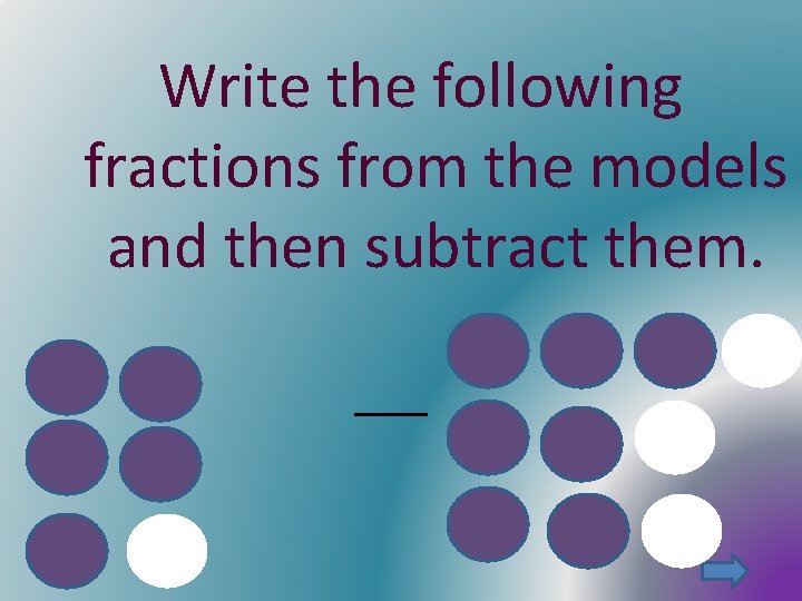 Write the following fractions from the models and then subtract them. 