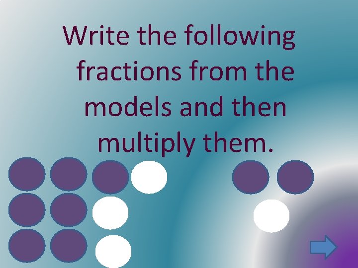Write the following fractions from the models and then multiply them. 