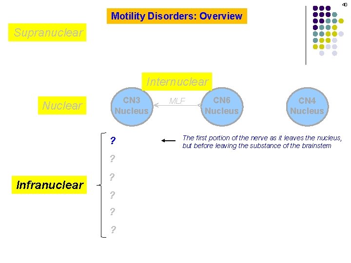 40 Motility Disorders: Overview Supranuclear ? ? Infranuclear ? ? MLF CN 6 Nucleus
