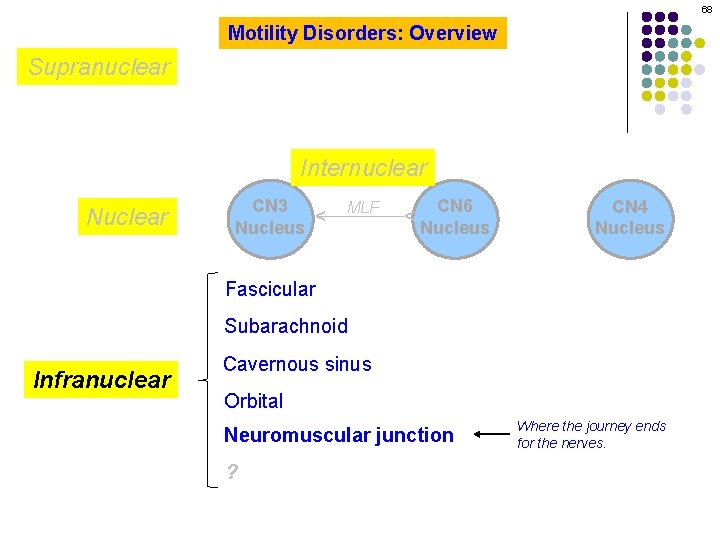 68 Motility Disorders: Overview Supranuclear CN 3 Nucleus MLF CN 6 Nucleus ^ Nuclear