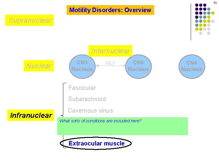 73 Motility Disorders: Overview Supranuclear CN 3 Nucleus MLF CN 6 Nucleus ^ Nuclear