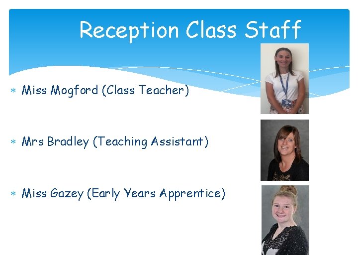 Reception Class Staff Miss Mogford (Class Teacher) Mrs Bradley (Teaching Assistant) Miss Gazey (Early