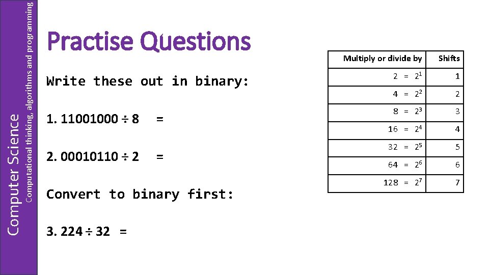 Computational thinking, algorithms and programming Computer Science Practise Questions Multiply or divide by Shifts