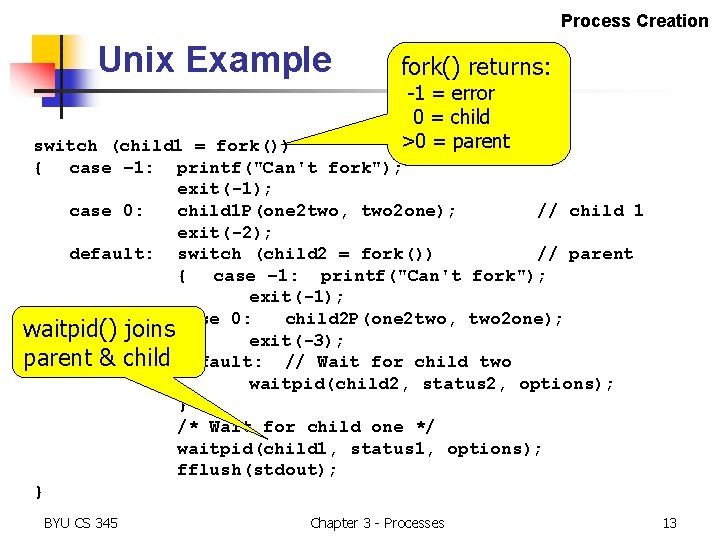 Process Creation Unix Example fork() returns: -1 = error 0 = child >0 = Process Creation Unix Example fork() returns: -1 = error 0 = child >0 =
