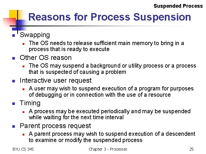 Suspended Process Reasons for Process Suspension n Swapping n n Other OS reason n Suspended Process Reasons for Process Suspension n Swapping n n Other OS reason n