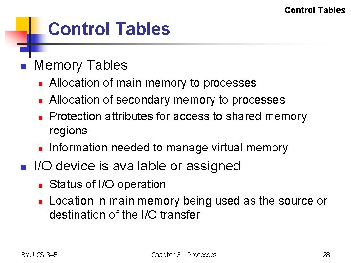 Control Tables n Memory Tables n n n Allocation of main memory to processes Control Tables n Memory Tables n n n Allocation of main memory to processes