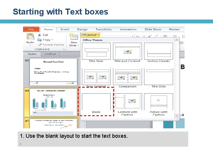 Starting with Text boxes 1. Use the blank layout to start the text boxes.