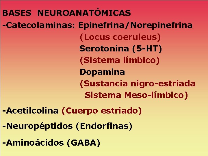 BASES NEUROANATÓMICAS -Catecolaminas: Epinefrina/Norepinefrina (Locus coeruleus) Serotonina (5 -HT) (Sistema límbico) Dopamina (Sustancia nigro-estriada