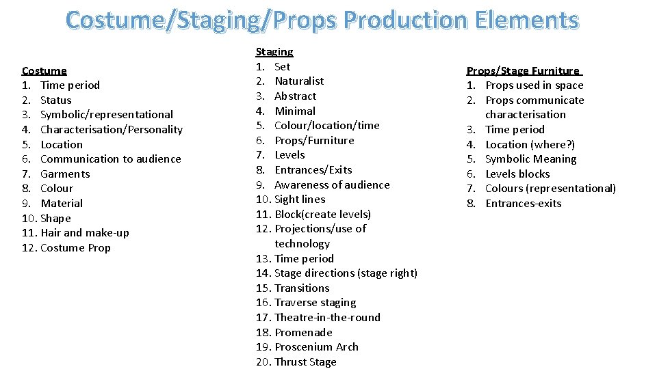 Costume/Staging/Props Production Elements Costume 1. Time period 2. Status 3. Symbolic/representational 4. Characterisation/Personality 5.