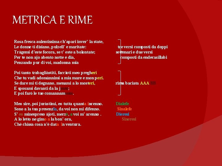 METRICA E RIME Rosa fresca aulentissima ch’apari inver’ la state, Le donne ti disiano,