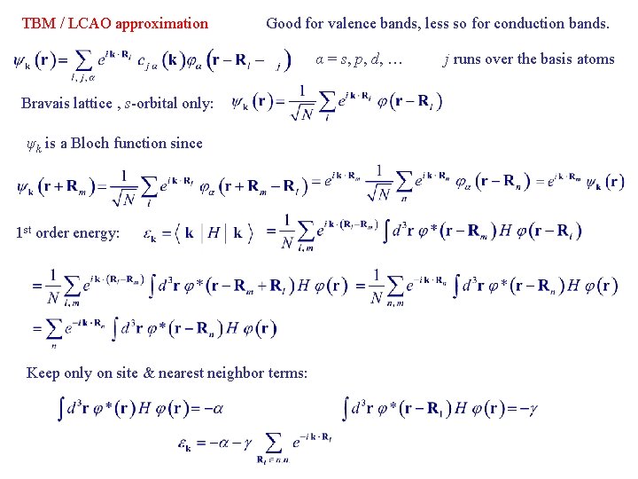 TBM / LCAO approximation Good for valence bands, less so for conduction bands. α