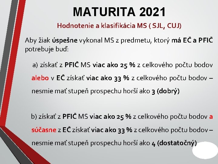MATURITA 2021 Hodnotenie a klasifikácia MS ( SJL, CUJ) Aby žiak úspešne vykonal MS
