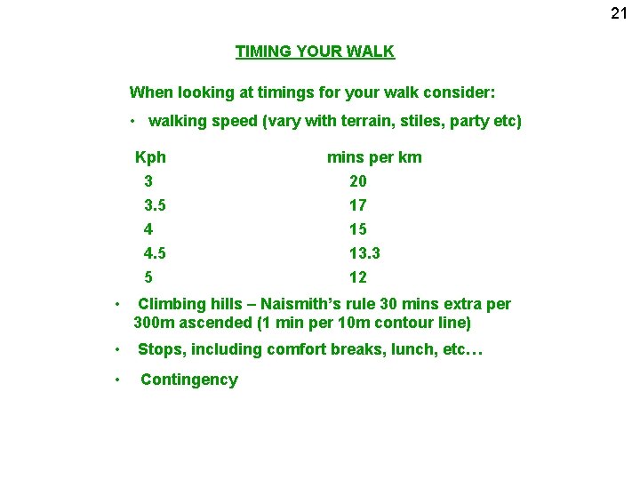 21 TIMING YOUR WALK When looking at timings for your walk consider: • walking