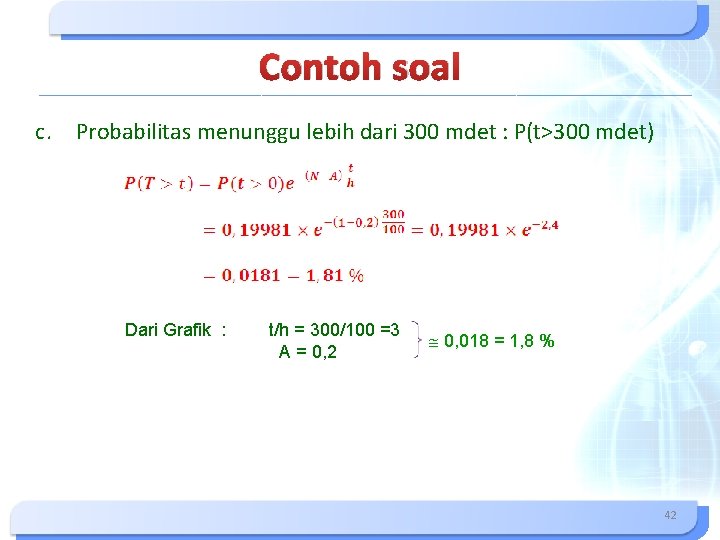 Contoh soal c. Probabilitas menunggu lebih dari 300 mdet : P(t>300 mdet) Dari Grafik