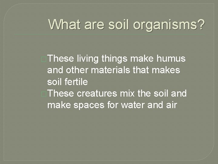 What are soil organisms? �These living things make humus and other materials that makes