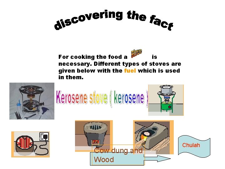 For cooking the food a is necessary. Different types of stoves are given below