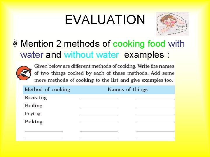 EVALUATION A Mention 2 methods of cooking food with water and without water examples