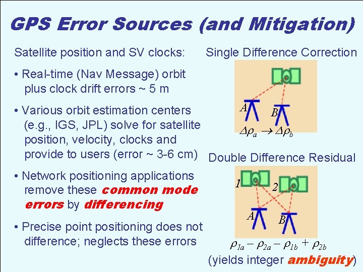 GPS Error Sources (and Mitigation) Satellite position and SV clocks: Single Difference Correction •