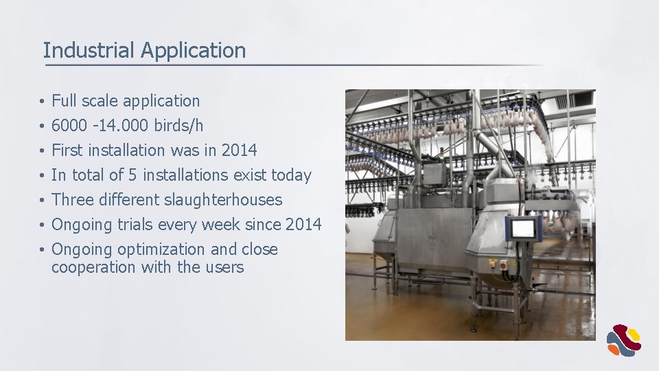 Industrial Application • • Full scale application 6000 -14. 000 birds/h First installation was