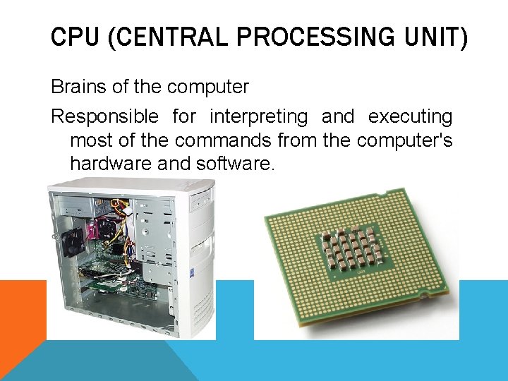 CPU (CENTRAL PROCESSING UNIT) Brains of the computer Responsible for interpreting and executing most CPU (CENTRAL PROCESSING UNIT) Brains of the computer Responsible for interpreting and executing most