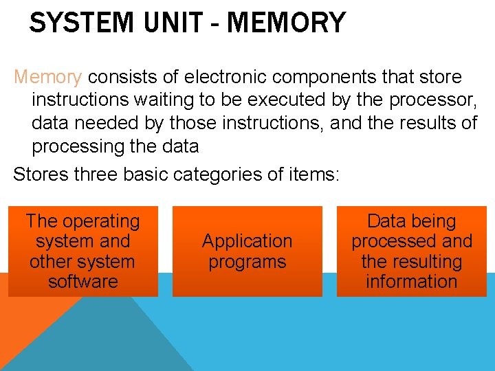 SYSTEM UNIT - MEMORY Memory consists of electronic components that store instructions waiting to SYSTEM UNIT - MEMORY Memory consists of electronic components that store instructions waiting to