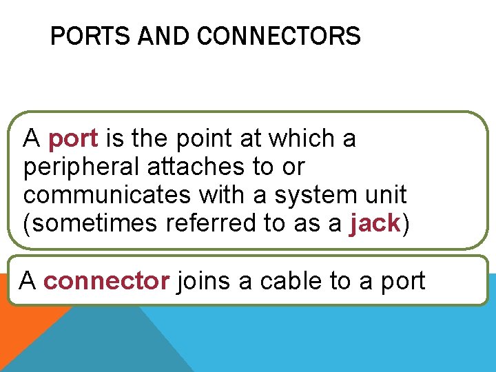PORTS AND CONNECTORS A port is the point at which a peripheral attaches to PORTS AND CONNECTORS A port is the point at which a peripheral attaches to
