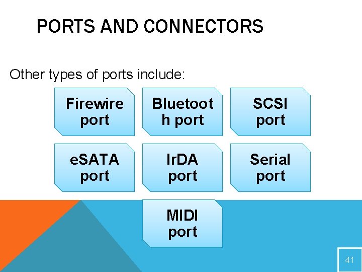 PORTS AND CONNECTORS Other types of ports include: Firewire port Bluetoot h port SCSI PORTS AND CONNECTORS Other types of ports include: Firewire port Bluetoot h port SCSI