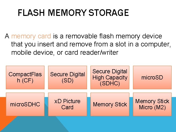 FLASH MEMORY STORAGE A memory card is a removable flash memory device that you FLASH MEMORY STORAGE A memory card is a removable flash memory device that you