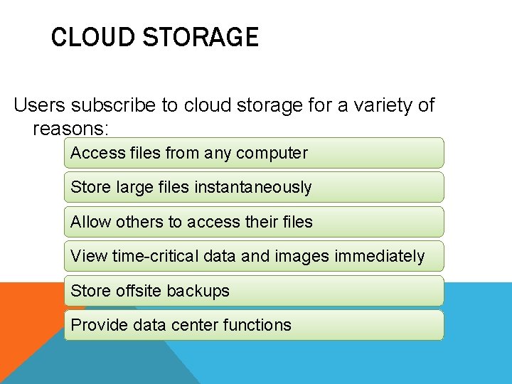 CLOUD STORAGE Users subscribe to cloud storage for a variety of reasons: Access files CLOUD STORAGE Users subscribe to cloud storage for a variety of reasons: Access files