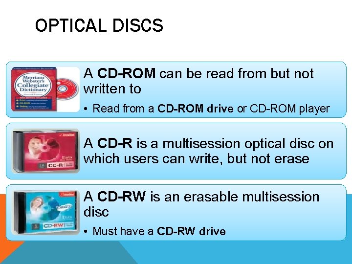 OPTICAL DISCS A CD-ROM can be read from but not written to • Read OPTICAL DISCS A CD-ROM can be read from but not written to • Read