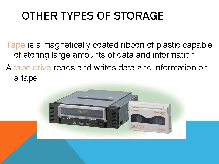 OTHER TYPES OF STORAGE Tape is a magnetically coated ribbon of plastic capable of OTHER TYPES OF STORAGE Tape is a magnetically coated ribbon of plastic capable of