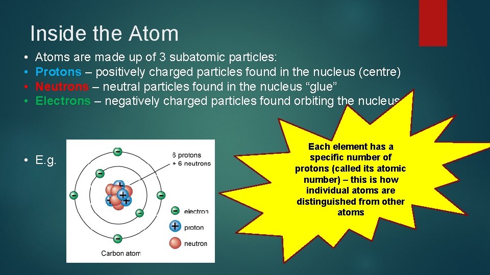 Inside the Atom • • Atoms are made up of 3 subatomic particles: Protons