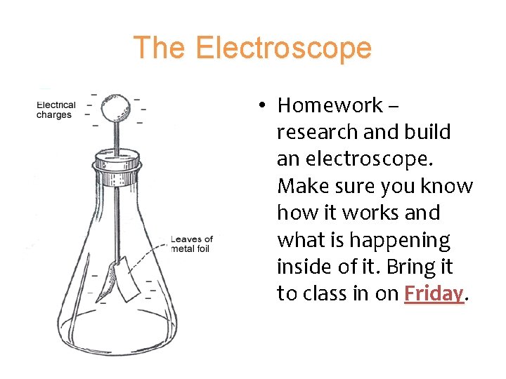 The Electroscope • Homework – research and build an electroscope. Make sure you know